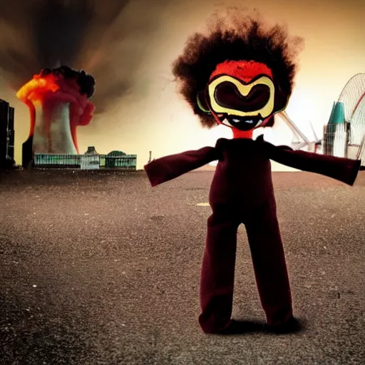 Image similar to evil toy puppet sitting in the middle of abandoned london with nuclear explosion on the background