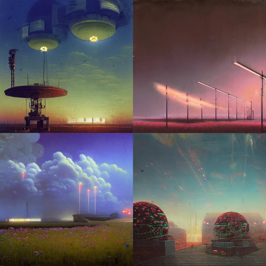 Prompt: detailed painting of a satellite station, exterior, floral ornaments, volumetrics lights, beam of bright lights through the clouds, beksinski, simon stalenhag