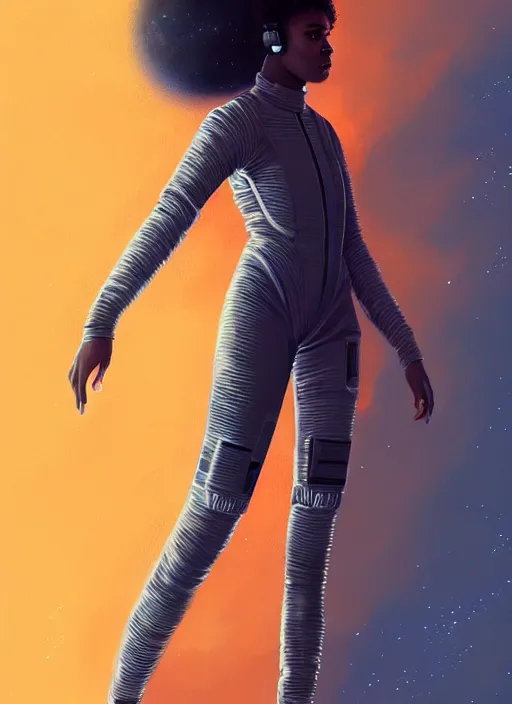 Prompt: full body portrait of young black woman as an astronaut, orange space jumpsuit, intricate, beautiful and elegant, highly detailed, digital painting, artstation, concept art, smooth, sharp focus, illustration, art by wlop, mars ravelo and greg rutkowski