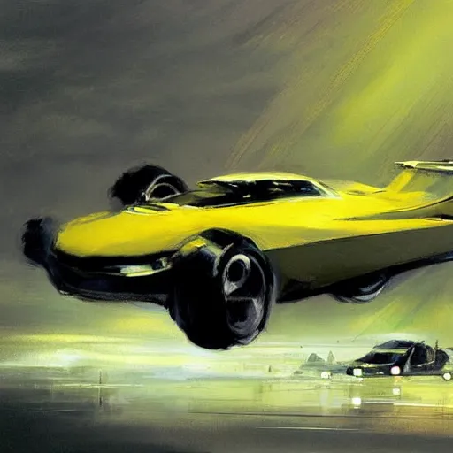 Image similar to minimalist flying car speed concept art oil painting by john berkey , loosely detailed, brush hard