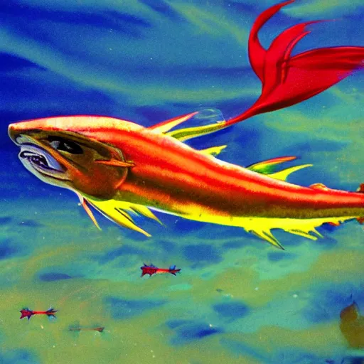 Image similar to bright sky fish warrior flying firevfins electric eel battle