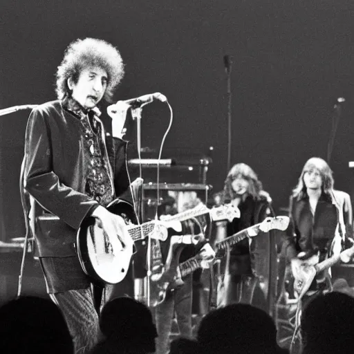 Prompt: bob dylan on stage with the entire band of nirvana and all four beatles