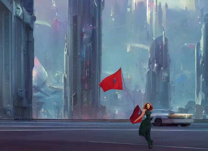 Prompt: gorgeous inspiring girl enthusiastically waving a red flag over her head to manage antigrav car traffic in a Mandelbrot fractal futuristic bustling utopian city by Craig Mullins, ilya kuvshinov, krenz cushart, artgerm trending on artstation by Edward Hopper and Dan Mumford and WLOP and Rutkovsky, Unreal Engine 5, Lumen, Nanite, lowpoly:10