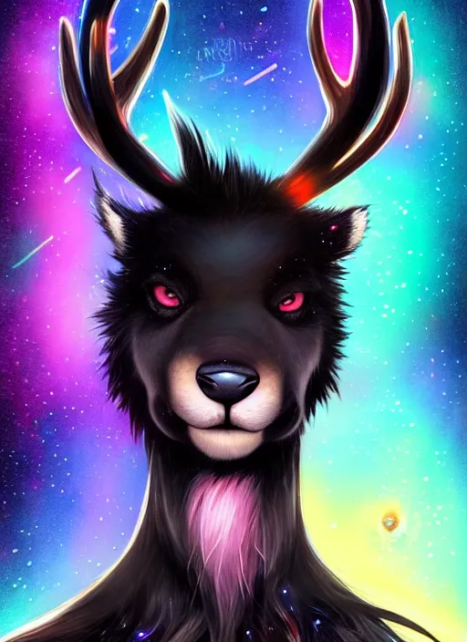 Image similar to award winning beautiful portrait commission of a male furry anthro Black Reindeer fursona with a tail, wings and a cute beautiful attractive detailed furry face wearing stylish black and rainbow galaxy clothes in a outerspace city at night while it rains. Character design by charlie bowater, ross tran, artgerm, and makoto shinkai, detailed, inked, western comic book art