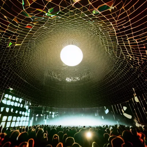 Prompt: large scale art installation. generative visuals about space projected on single big suspended sphere inside giant and dark printworks london venue. big mirror floor reflect sphere and piano. live music piano concert. stage design. fog, hazer and light in dark