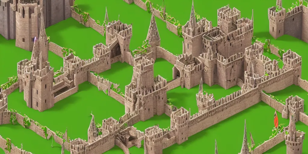 Image similar to medieval castle in a jungle with towers and moat, 3 d, isometric, polygon art style, simple