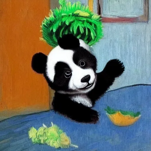 Image similar to cute panda wearing a lettuce hat, robber holding a chandelier, style of van Gogh