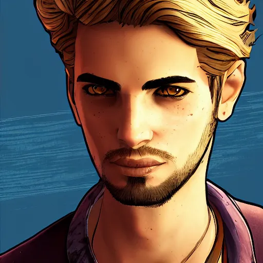 Image similar to a blond young spanish man portrait, borderlands, tales from the borderlands, the wolf among us, comic, cinematic lighting, studio quality, 8 k