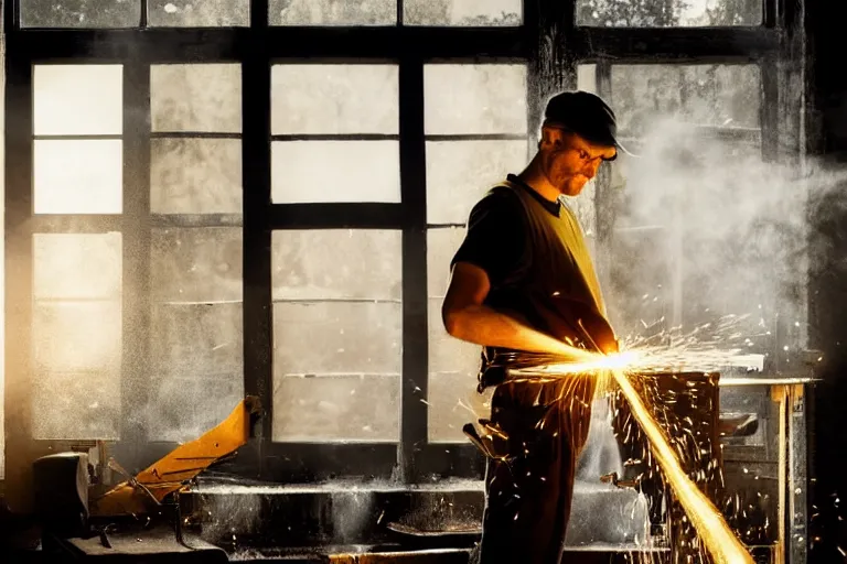 Image similar to blacksmith working, yellow sparks, rays of light trough a window, atmospheric, dramatic lighting, beautiful