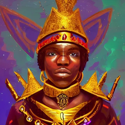 Prompt: a young black boy dressed like an african moorish warrior in gold armor and a crown with a ruby, and a very ornate glowing staff, for honor character digital illustration portrait design, by android jones in a psychedelic fantasy style, dramatic lighting, hero pose, wide angle dynamic portrait