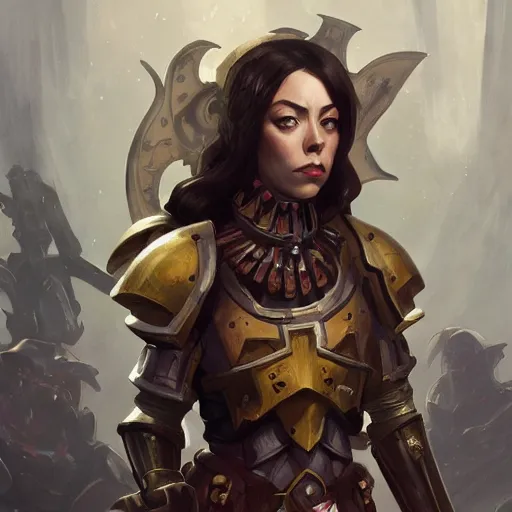 Image similar to warhammer 4 0 k aubrey plaza, intricate, elegant, highly detailed, digital painting, artstation, concept art, matte, sharp focus, illustration, hearthstone, art by artgerm and greg rutkowski and alphonse mucha