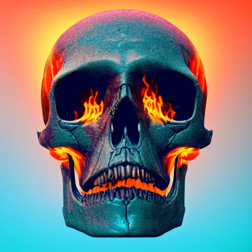 Image similar to a highly detailed human skull with intricate designs on fire in front of a neon blue background, 3 d, fire through eyes, octane render, symmetrical, hyper realism, highly detailed, digital art, artstation, concept art, cinematic lighting, strong bokeh, trending