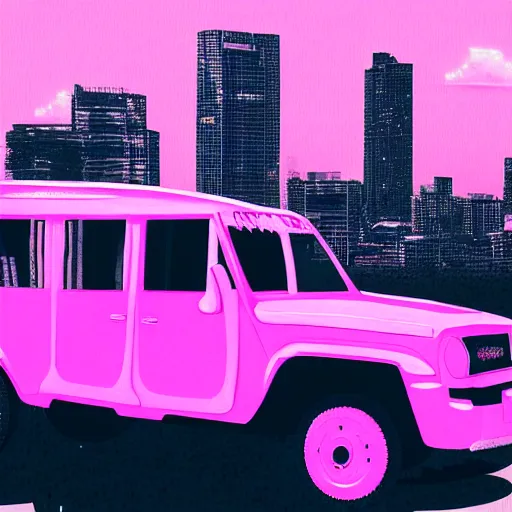 Image similar to a fleet of flying pink philippine jeepney above the skyline, digital art