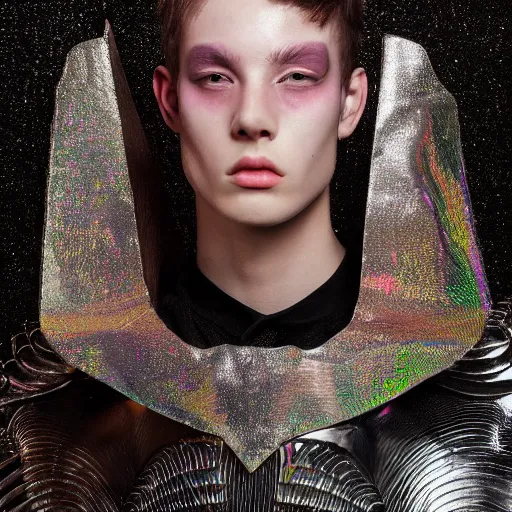 Image similar to a portrait of a beautiful young male wearing an alexander mcqueen armor made of holographic wax , photographed by andrew thomas huang, artistic