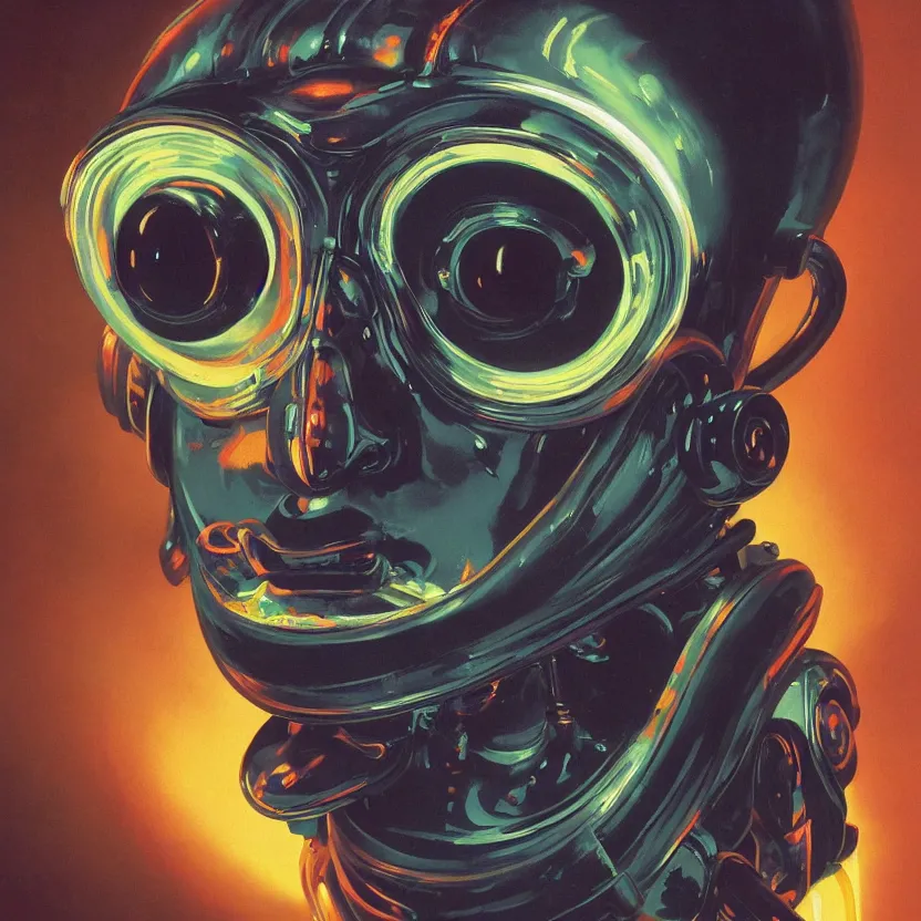 Prompt: a baroque neoclassicist close - up portrait of a colorful retrofuturistic blacklight uv robot clown with glowing eyes, glowing fog in the background. renaissance portrait painting. highly detailed science fiction painting by norman rockwell, frank frazetta, and syd mead. rich colors, high contrast, gloomy atmosphere, dark background. trending on artstation