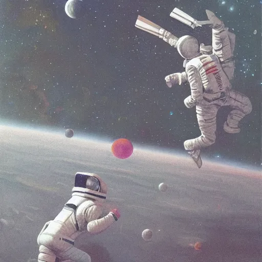 Prompt: An astronaut is about to catch coin floating in space, highly detailed, soft lighting, elegant, Wayne Barlowe, Edward Hopper and James Gilleard, Zdzislaw Beksinski, Steven Outram, highly detailed