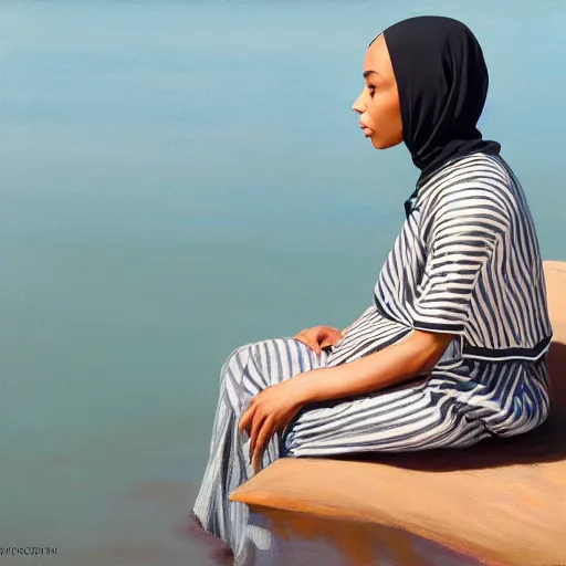 Prompt: black lightskin girl with hijab, in a striped shirt, sideview, sitting on edge of water, by jeremy lipking, tim rees, joseph todorovitch, 4 k, high quality