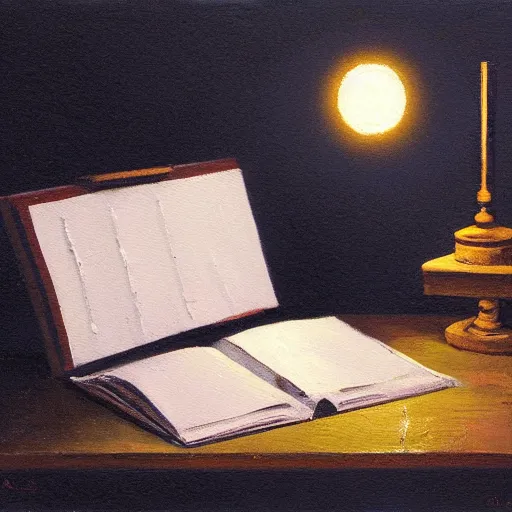 Image similar to a painting by greg rutkowski of a desktop in a dark room at night illuminated with a single dim desk lamp. on the desk sits a novel sitting and a small wooden box with ornate sculptured decoration and a glowing orb. also on the desk are, paper airplane, an ancient scroll scroll, pencils, pens, airplane magazine, overhead view, close up on book.