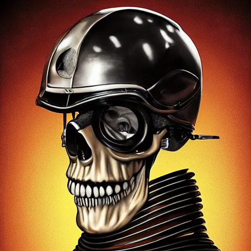 Image similar to a portrait of an anthropomorphic vintage skull in a racing helmet by sandra chevrier, detailed render, epic composition, cybernetics, 4 k realistic, cryengine, realistic shaded lighting, sharp focus, masterpiece, by matteo scalera, gary montalbano, peter elson in the style of the tokyo ghost comic