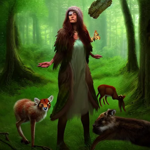 Image similar to a female woodland druid surrounded by forest animals, in the woods, hyper realistic, digital painting, photorealistic, in the style of greg rutkowski, detailed