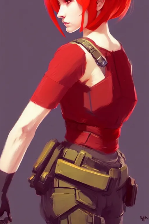 Image similar to longshot, 3 / 4 view of a red headed woman in villager cosplay from super smash brothers intricate, elegant, sharp focus, illustration, highly detailed, concept art, matte, trending on artstation, anime, art by wlop and artgerm and greg rutkowski, ilya kuvshinov, strong strokes,