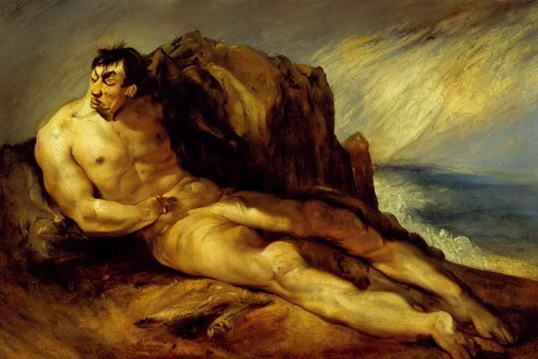 Image similar to oil painting by william turner, by theodore gericault, by caspar david friedrich, by frank frazetta oil painting, romantism, realism, limited palette