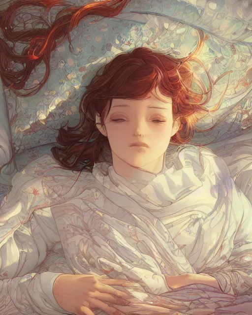 Image similar to a girl waking up in the morning, full shot, visible face, ambient lighting, detailed, art by ayami kojima, makoto shinkai, kilian eng