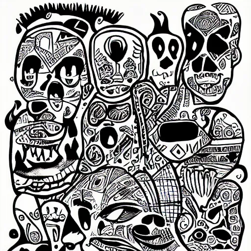 Image similar to black and white composition of a variety of doodles, drawings, faces, symbols, cartoons, lineart, cave drawing, silhouette, tattoo, chinese ink brush