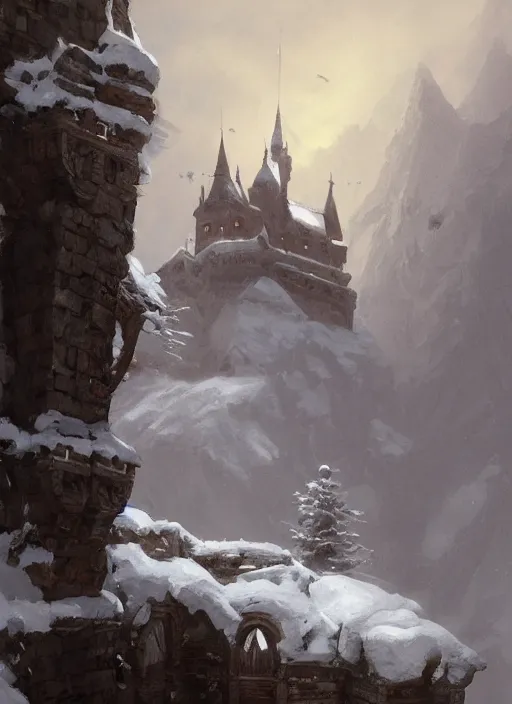 Image similar to a painting of a castle in the middle of a snowy mountain, a detailed matte painting by andreas rocha and greg rutkowski, featured on artstation, fantasy art, matte drawing, matte painting, artstation hq