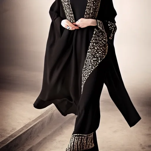 Image similar to A full body portrait of Emma Stone wearing Black Arabian Abaya, high quality, fully detailed, 4k, volumetric lightening