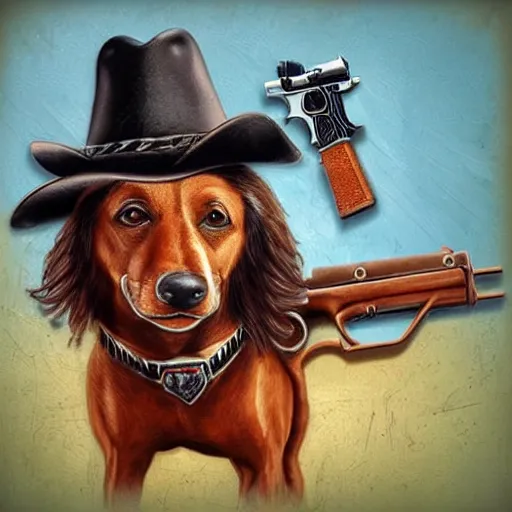 Prompt: cowboy dog with a hat and guns