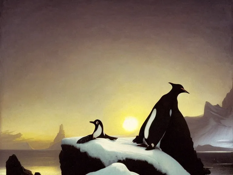 Image similar to an oil painting of a penguin playing in pure white snow on an iceberg in a serene ocean at dusk. aurora. by tuomas korpi moebius and carl spitzweg. baroque elements. intricate artwork by caravaggio. oil painting. oil on canvas. award winning. dramatic. trending on artstation. 8 k