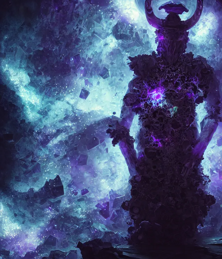 Image similar to impressive ominous front!! shot photo of a court jester character fine portrait fine portrait mesmerizing fractal hyper cubes platinum cracked dark future hyper dimensional space galactic crystal nebula edges elegant detailed intricate concept artstation sharp focus ray tracing cinematic masterpiece temporal corruption beeple wlop germ 8 4 k scifi glossy hyper realistic illustration canon eos r 3 fujifilm x - t 3 0 sony alpha a 6 6 0 0