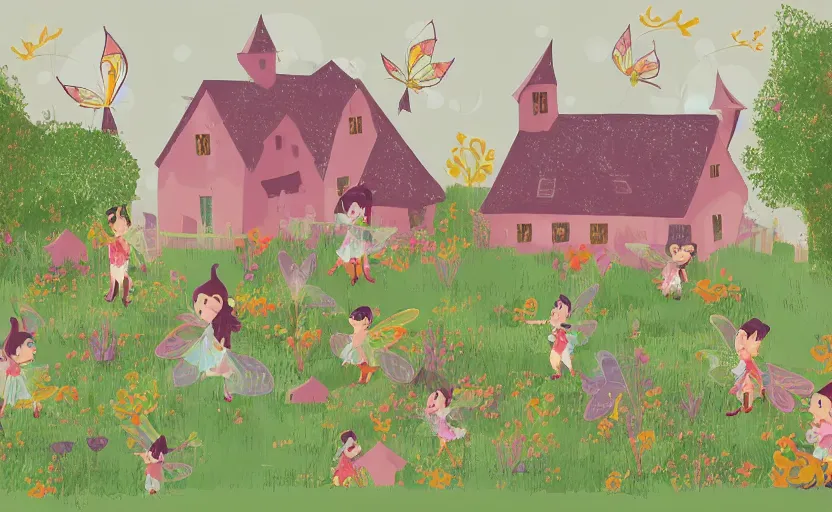 Image similar to magical farmhouse, fairies flying, vector, storybook, muted colors, gouache, flat, sharp edges, print