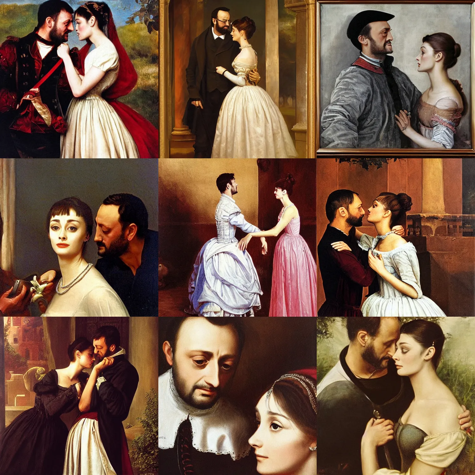 Prompt: Historical Romeo (Jean Reno) and Juliet (Audrey Hepburn), are looking at each other romantically. romantic, tragic, restrained, lumnious, 19th century oil canvas by Frank Dicksee, Alfred Elmore, Mather Brown