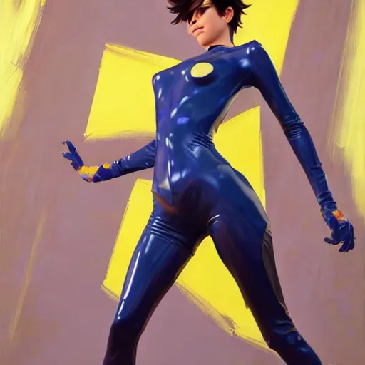 Image similar to greg manchess painting of tracer wearing a latex suit, medium shot, organic painting, sunny day, bold shapes, hard edges, street art, trending on artstation, by huang guangjian and gil elvgren and sachin teng and artgerm and greg rutkowski and alphonse mucha