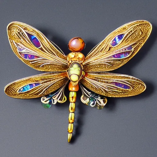 Image similar to highly detailed, well-lit studio photo of a complex intricate, ornate, art nouveau dragonfly brooch, with interlacing golden curves and opal eyes