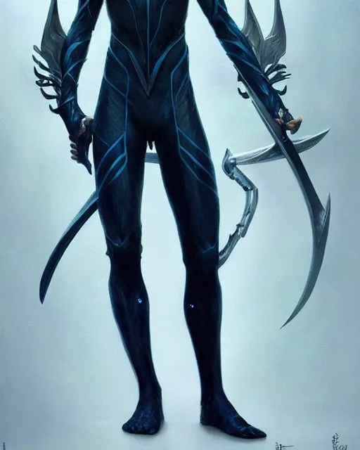 Image similar to character portrait of a slender young half white haired elven man with piercing blue eyes and pale bluish skin, wearing sleek pearlescent black wraithbone armor, by greg rutkowski and mark brookes and jim burns and tom bagshaw and magali villeneuve, trending on artstation