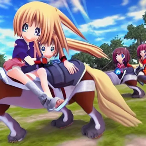 Image similar to screenshot from a 3 d video game about anime girls riding giant dogs