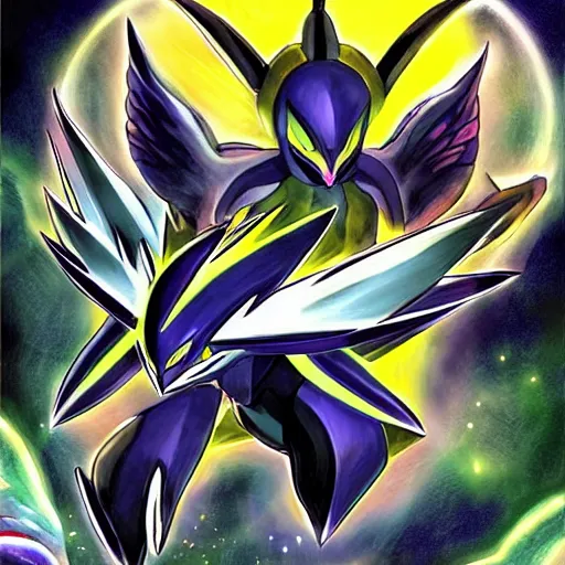 Prompt: a mashup between Arceus (from Pokémon) and Giratina (from Pokémon), ultra detailed, Beautiful digital art illustration by Ken Sugimori