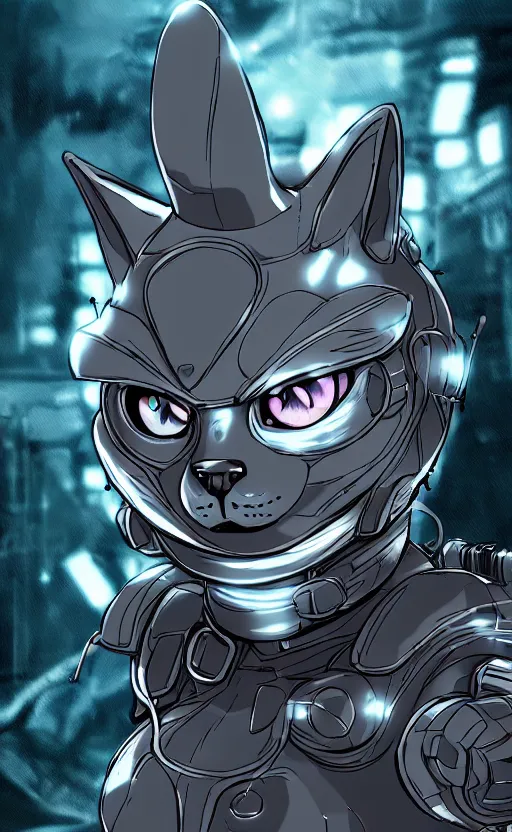 Prompt: portrait of a cat in a battlesuit in the style of masamune shirow 4 k, intricate, highly detailed, cinematic lighting