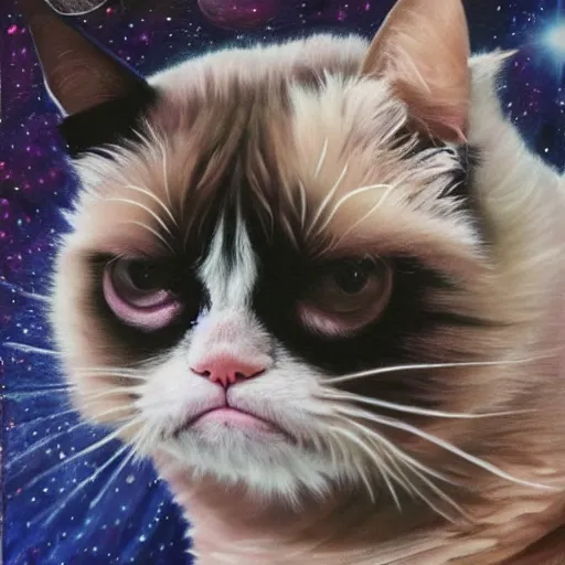 Prompt: A grumpy cat sitting on the planet earth in space, oil painting