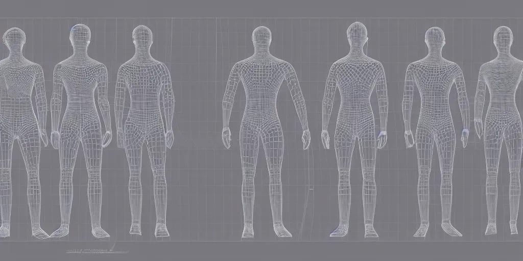 Image similar to highly detailed schematic, technical drawing, orthographic view, 3d wireframe, glowing vector, human body, blender screenshot