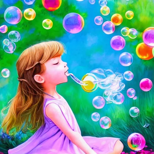 Image similar to a little girl in a beautiful garden blowing bubbles. beautiful cartoon painting art, high quality, detailed face