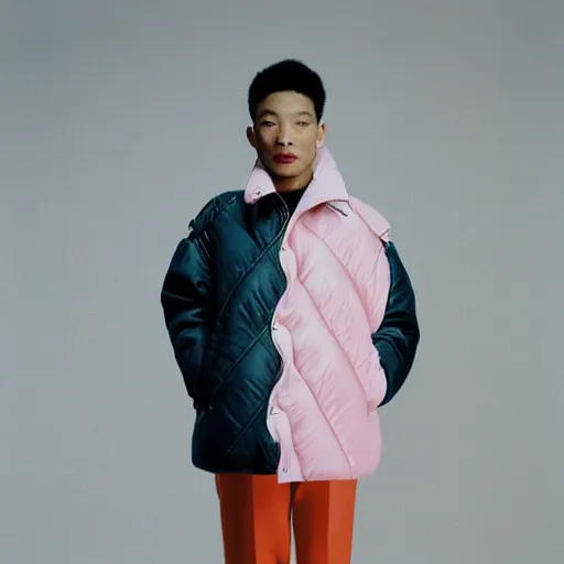 Image similar to realistic photoshooting for a new balenciaga lookbook, color film photography, portrait of a blonde asian woman, model wearing a puffer jacket, photo in style of tyler mitchell, 3 5 mm,