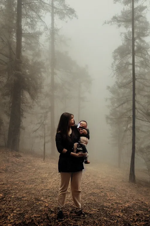 Image similar to a cinematic photo of a young woman with dark hair holds a baby in a dark, foggy forest, masterpiece