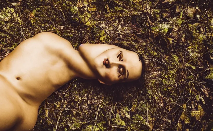 Prompt: a person made of solid gold, laying in the forest, photography