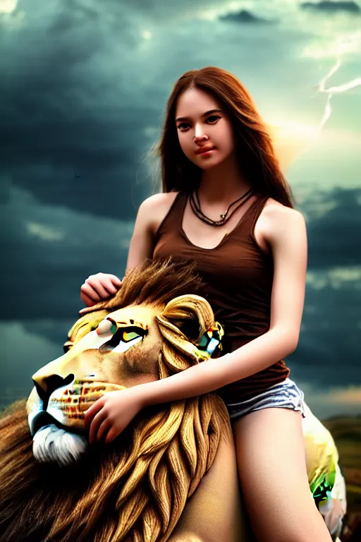 Image similar to girl riding on a lion, 2 0 year old girl, extremely detailed, high quality, 4 k, cinematic, dramatic lightning, photo realistic, beautiful face, highly detailed face