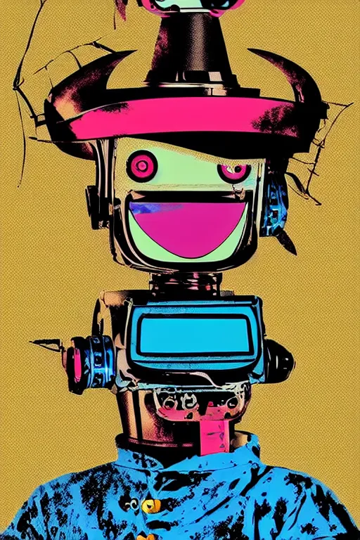 Image similar to extreme wide shot of a robot pirate, wearing an eye patch, Bionic Arms. pop surrealism, pop art. digital art. by Andy Warhol, wide shot