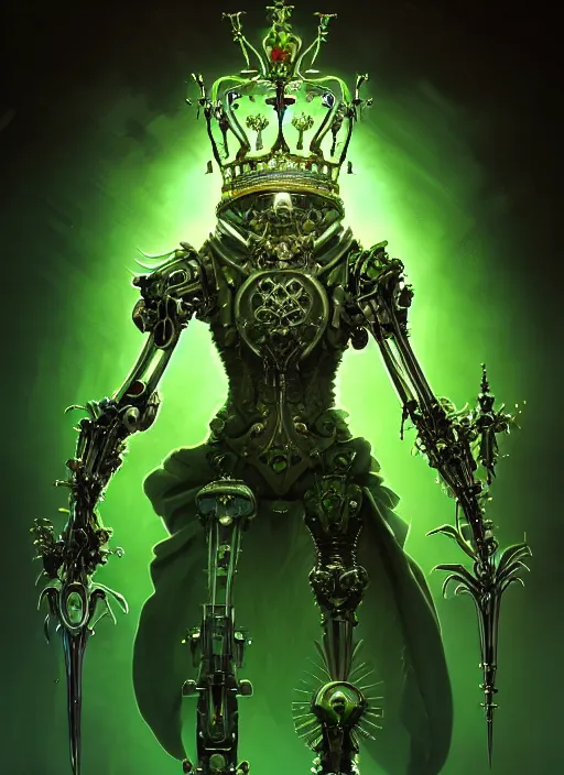 Image similar to portrait shot of the king of the bionic skeletons with a crown of blades, glowing green, intricate, elegant, highly detailed, centered, digital painting, artstation, concept art, smooth, sharp focus, warframe, illustration, anders zorn, tomasz alen kopera, peter mohrbacher, donato giancola, leyendecker, boris vallejo